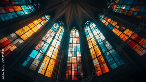 Geometric pattern in stained glass windows of a cathedral