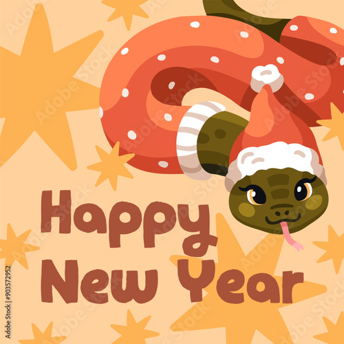 Happy Chinese New Year, square greeting card design. Cute funny snake charact...