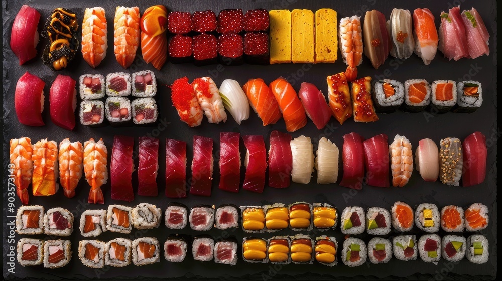 Large set of assorted sushi nigiri and maki on slate, featuring tuna, crab, salmon, and eel. Top view, vibrant and appetizing. Large set of assorted sushi nigiri and maki on slate, featuring tuna, crab, salmon, and eel. Top view, vibrant and appetizing.