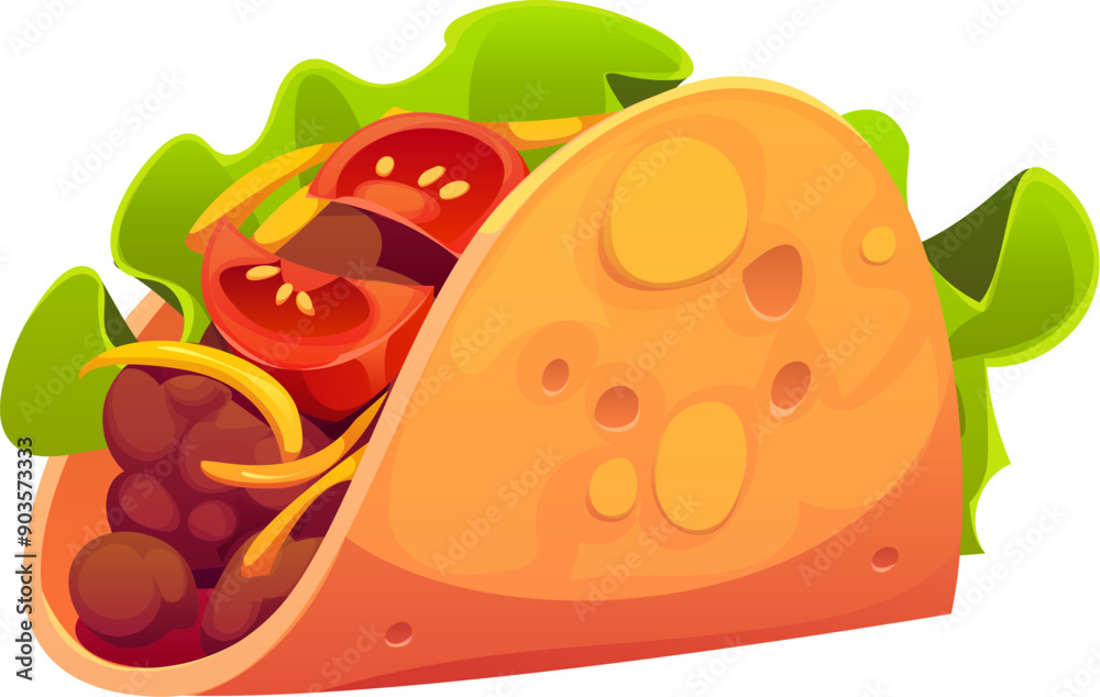 Cartoon tacos Mexican fast food snack. Isolated vector meal made of corn or wheat tortilla with grilled chicken meat and fresh vegetables like tomatoes and lettuce. Tex mex fastfood takeaway dish Cartoon tacos Mexican fast food snack. Isolated vector meal made of corn or wheat tortilla with grilled chicken meat and fresh vegetables like tomatoes and lettuce. Tex mex fastfood takeaway dish