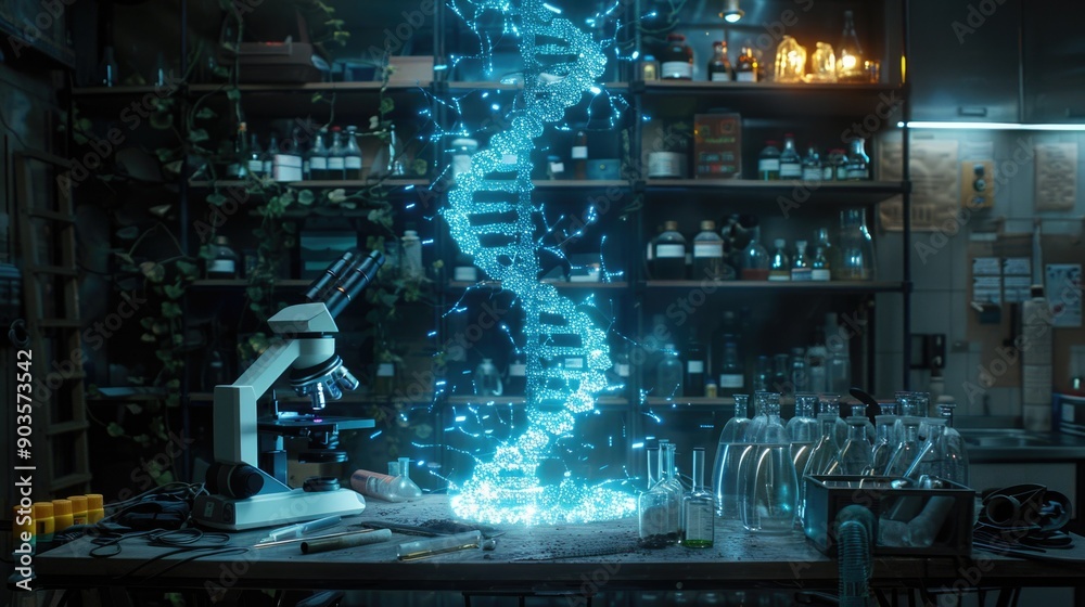 High-tech laboratory setting with a holographic DNA strand above a desk ...