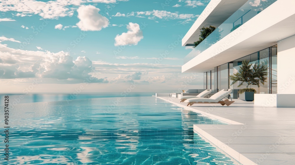 Fototapeta premium Modern luxury oceanfront villa and swimming pool, private housing, expensive real estate, Ai generated for ads