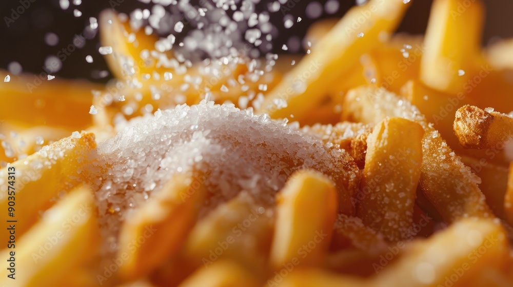 Salt being added to a pile of French fries in a detailed close-up shot, highlighting the texture and flavor. Salt being added to a pile of French fries in a detailed close-up shot, highlighting the texture and flavor.