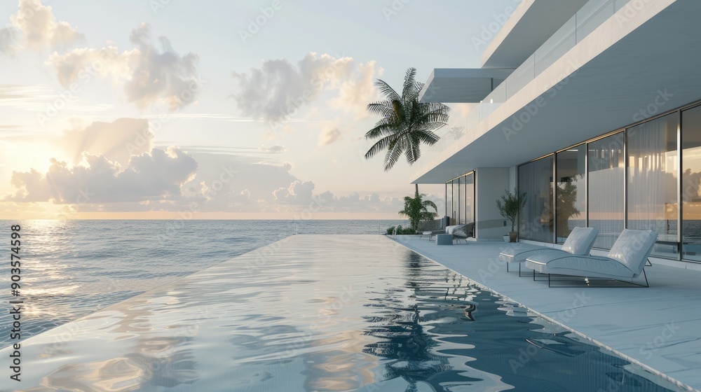 View of Modern luxury oceanfront villa and swimming pool, private housing ...