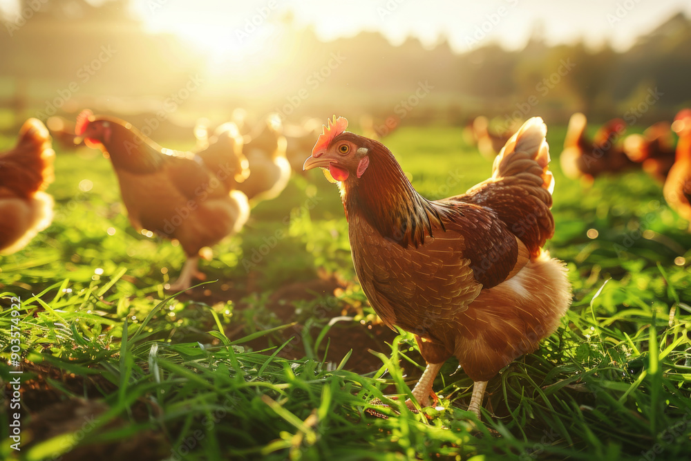 Fototapeta premium A Brown Hen Standing in a Field of Green Grass at Sunset