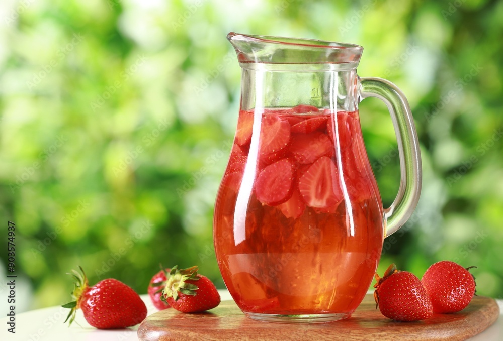 Tasty strawberry lemonade in jug and berries on white table against blurred green background, closeup. Space for text Tasty strawberry lemonade in jug and berries on white table against blurred green background, closeup. Space for text