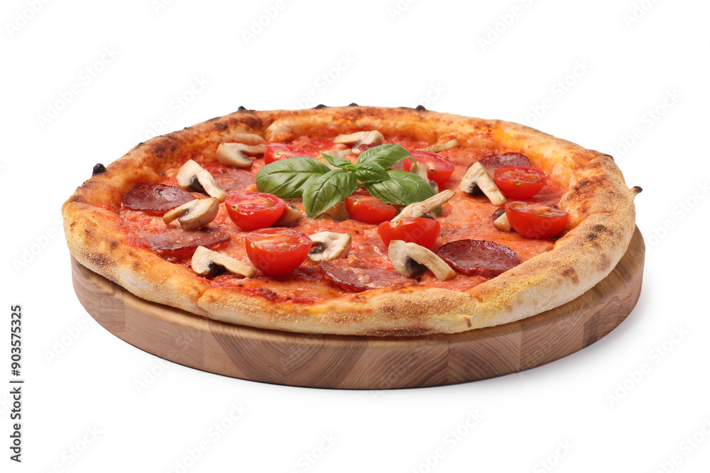 Delicious pizza with salami, tomatoes, mushrooms and basil isolated on white Delicious pizza with salami, tomatoes, mushrooms and basil isolated on white