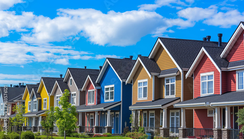 Colorful row of modern suburban houses under a bright blue sky with scattered clouds, creating a cheerful and lively neighborhood ambiance.