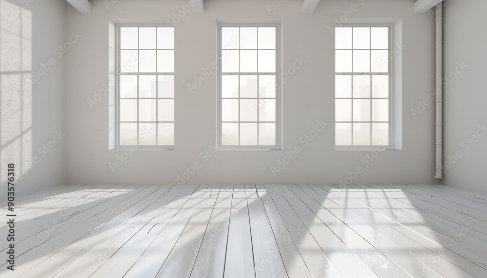 Sunlight streams through large, tall windows into a bright, empty room with white walls and wooden floors. Sunlight streams through large, tall windows into a bright, empty room with white walls and wooden floors.
