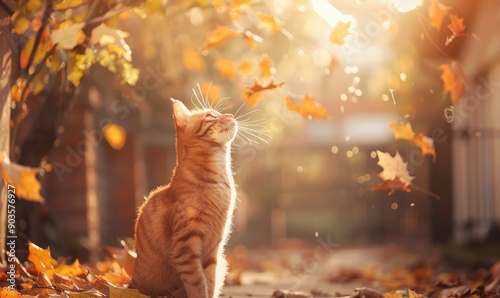 a ginger cat sitting outdoors, looking up at falling autumn leaves. The scene is illuminated by soft, warm sunlight, creating a tranquil and cozy autumn atmosphere.