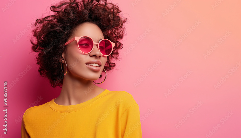 Stylish young woman with curly hair and sunglasses posing against a vibrant pink gradient background. Stylish young woman with curly hair and sunglasses posing against a vibrant pink gradient background.
