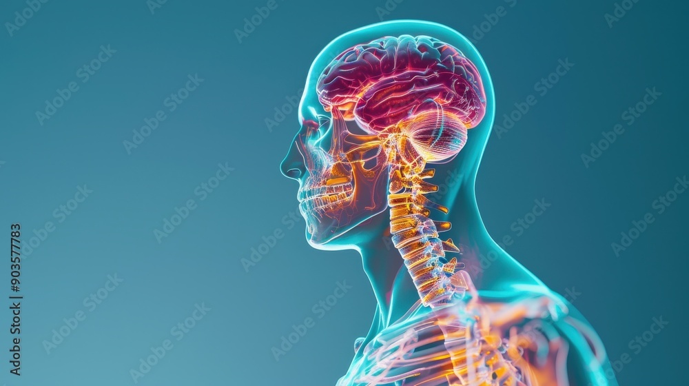 a human skull and spine with highlighted brain. a human skull and spine with highlighted brain.
