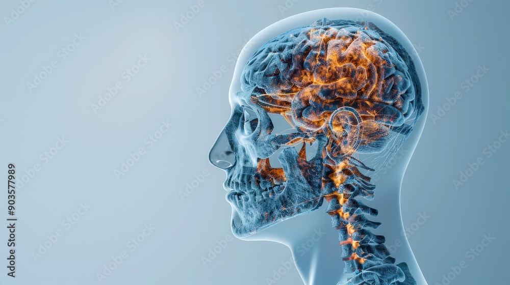 A digital rendering of a human head with a visible brain and spinal cord. The brain is highlighted in warm colors. A digital rendering of a human head with a visible brain and spinal cord. The brain is highlighted in warm colors.