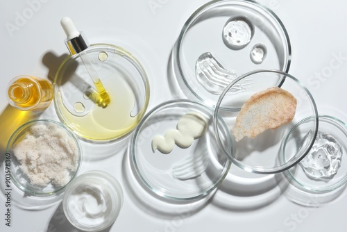 Petri dishes with different cosmetic products on white background, flat lay © New Africa