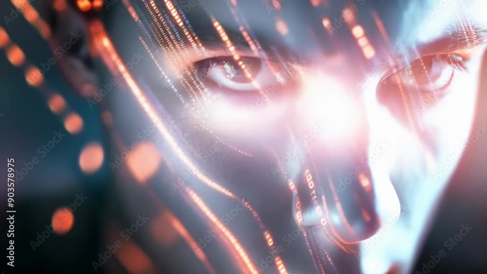 A young caucasian man is pictured at night with a futuristic digital overlay on his face. The vibrant neon lights highlight his intense gaze, giving a sci-fi and tech-driven mood. A young caucasian man is pictured at night with a futuristic digital overlay on his face. The vibrant neon lights highlight his intense gaze, giving a sci-fi and tech-driven mood.
