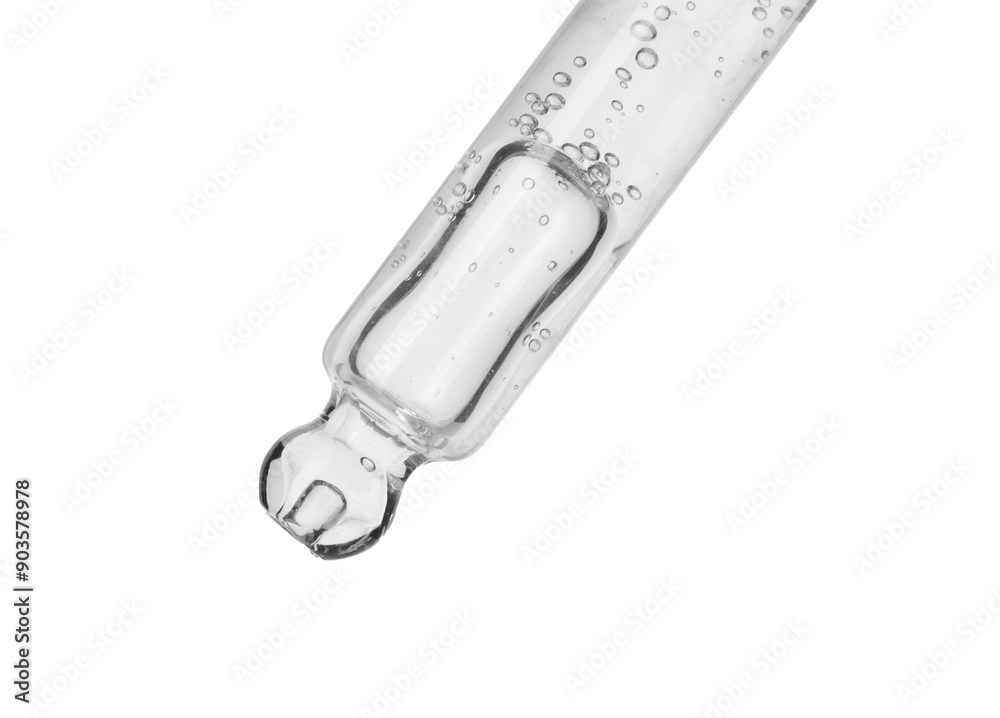 Naklejka premium Dripping cosmetic serum from pipette on white background