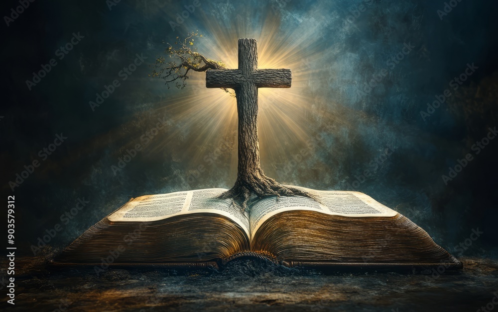 The Living Word: A Cross with Roots Intertwined in an Open Bible, Symbolizing the Dynamic and Ever-Growing Nature of Faith Nourished by the Sacred Scriptures The Living Word: A Cross with Roots Intertwined in an Open Bible, Symbolizing the Dynamic and Ever-Growing Nature of Faith Nourished by the Sacred Scriptures