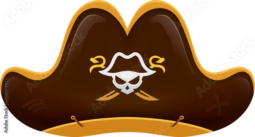 Cartoon pirate hat, corsair captain tricorn. Vector classic cap in chocolate brown with golden trim, skull and crossed sabers emblem, embodying the adventurous spirit of a filibuster on the high seas