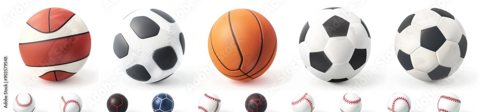 Fototapeta premium Diverse Sports Ball Collection: Soccer, Basketball, Football, Volleyball, Baseball, and Tennis Isolated on White Background. Perfect for Athletic Marketing, Sports Equipment Advertising, Fitness Camp