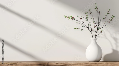 Minimalist interior design with a white vase and branches against a white wall with natural light.