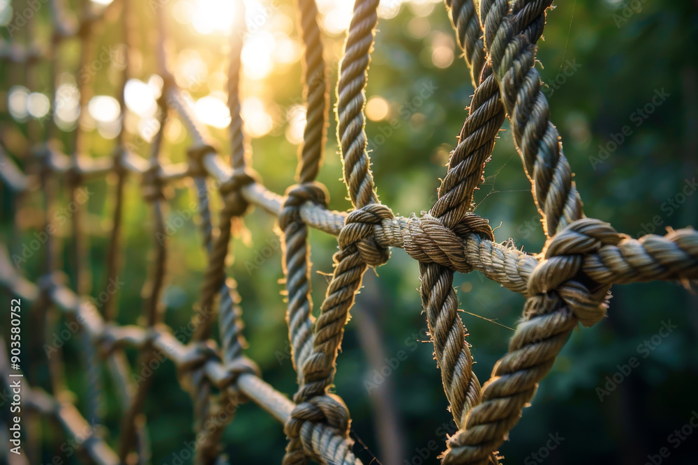 Closeup of a Knotted Rope Net Against a Blurred Green Background