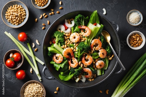 Flying wok ingredients - shrimp, vegetables, pak choi leaves, onions and peanuts. Asian food delivery. Chinese recipes. Wok preparation ingredients. Vertical image. photo