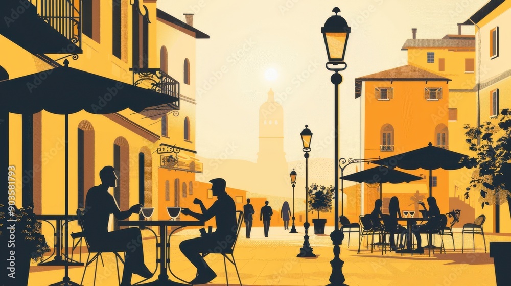 Obraz premium Minimalism illustration, silhouette of a traditional Italian piazza with people dining al fresco, flat illustration on soft yellow background, empty copy space, lofi style illustration . boho woman