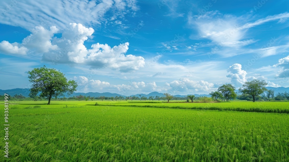 Obraz premium Green rice trees in rice fields under a blue sky