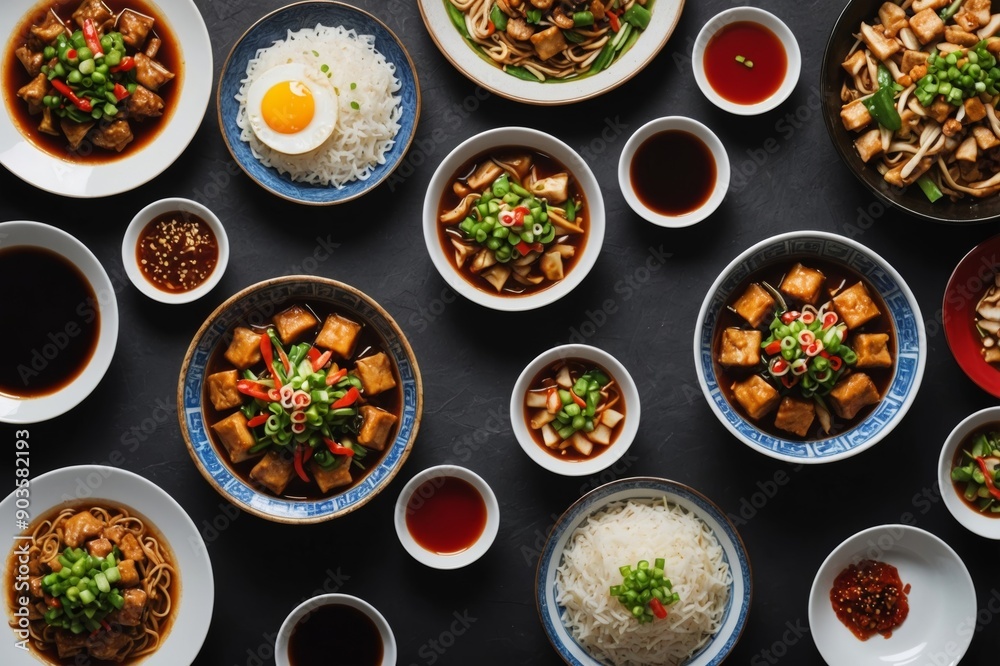 chinese food, chinese traditional cuisine dishes on dark background, top view, copy space chinese food, chinese traditional cuisine dishes on dark background, top view, copy space