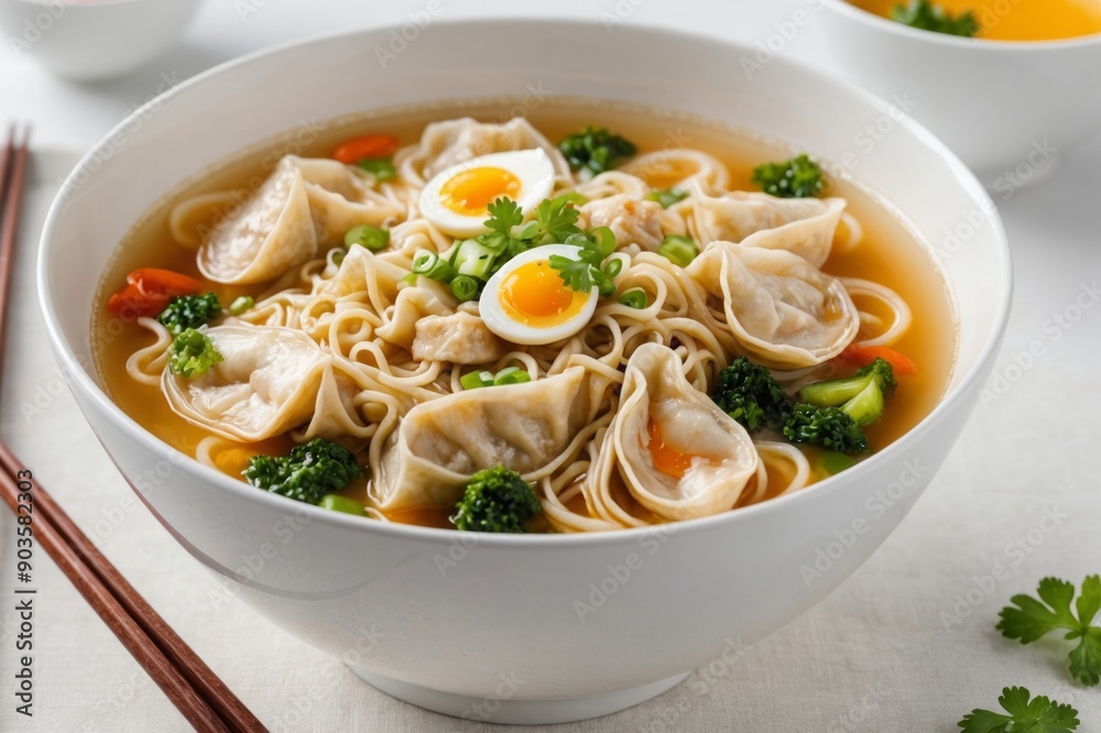 Homemade fresh wonton soup with egg and noodles. Chinese cuisine. Served in a white round bowl, with chopsticks.Light and airy, white background. FRont angle view. Homemade fresh wonton soup with egg and noodles. Chinese cuisine. Served in a white round bowl, with chopsticks.Light and airy, white background. FRont angle view.