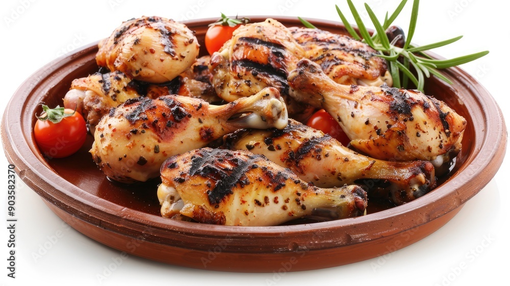 Grilled chicken on a brown dish on a white backdrop Grilled chicken on a brown dish on a white backdrop