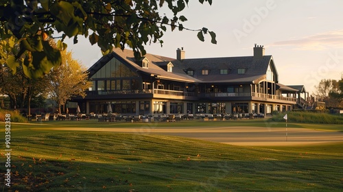 Golf course with a clubhouse surrounded by trees and a pond in a serene setting. Scenic landscape, outdoor sport, golfing environment, peaceful nature. Generative by AI