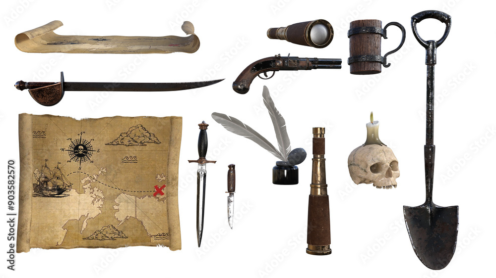 Fototapeta premium 3d render artifacts pirate artifacts map spyglass spyglass pistol sword