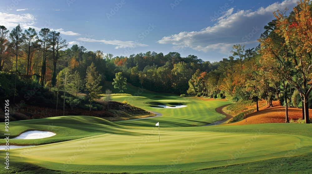 Golf course with putting green and sand traps surrounded by autumn trees. Sunny day with clear sky. Generative by AI Golf course with putting green and sand traps surrounded by autumn trees. Sunny day with clear sky. Generative by AI