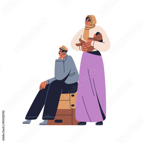 Refugees family with baby. Parents immigrants with luggage, kid waiting for moving. Foreigners emigrants. Migration, immigration concept. Flat graphic vector illustration isolated on white background