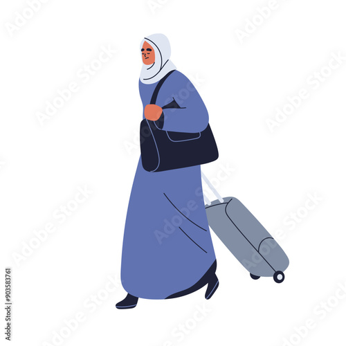 Arab woman refugee walking with suitcase, luggage. Sad upset character, Muslim immigrant in hijab. Asylum seeker, migrant going with baggage. Flat vector illustration isolated on white background