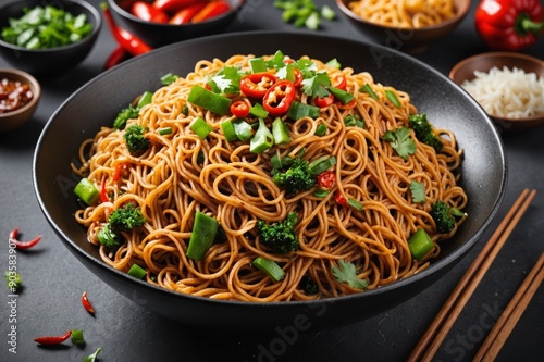 Chilli Garlic Hakka Noodles in black bowl isolated on white background. Indo-Chinese vegetarian cuisine dish. Indian veg noodles with vegetables. Classic Asian meal