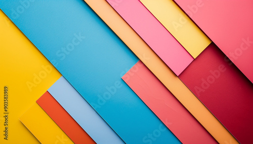 Vibrant geometric background with overlapping colorful paper in yellow, blue, red, pink, and orange tones.