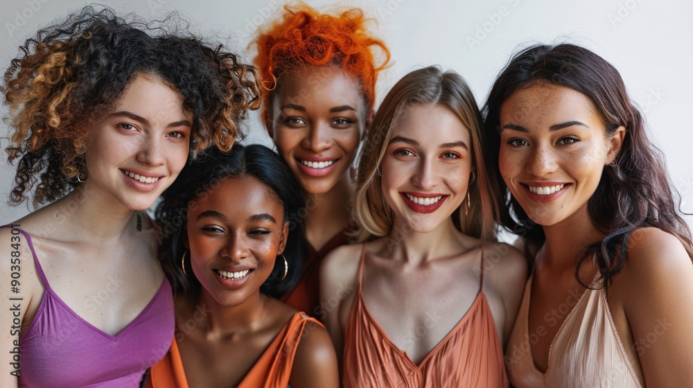 Fototapeta premium Group portrait of five women with different skin tones smiling against a white background.