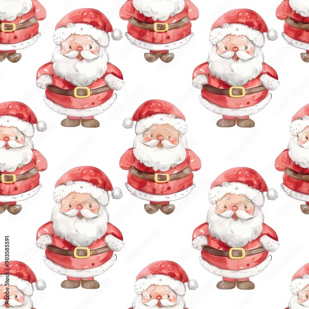 watercolor cartoon Santa Claus doll seamless repeating pattern, on white background watercolor cartoon Santa Claus doll seamless repeating pattern, on white background