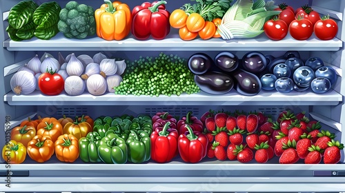 Open Refrigerator Revealing Vibrant Produce Assortment on Shelves