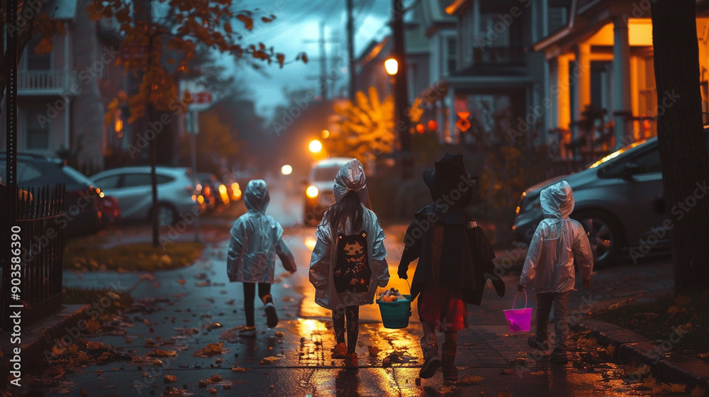 Trick or treat? Halloween evening in small town or suburbs. Children trick or traeting, bokeh lights in the background. Happy mood Trick or treat? Halloween evening in small town or suburbs. Children trick or traeting, bokeh lights in the background. Happy mood