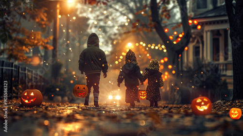 Trick or treat? Halloween evening in small town or suburbs. Children trick or traeting, bokeh lights in the background. Happy mood