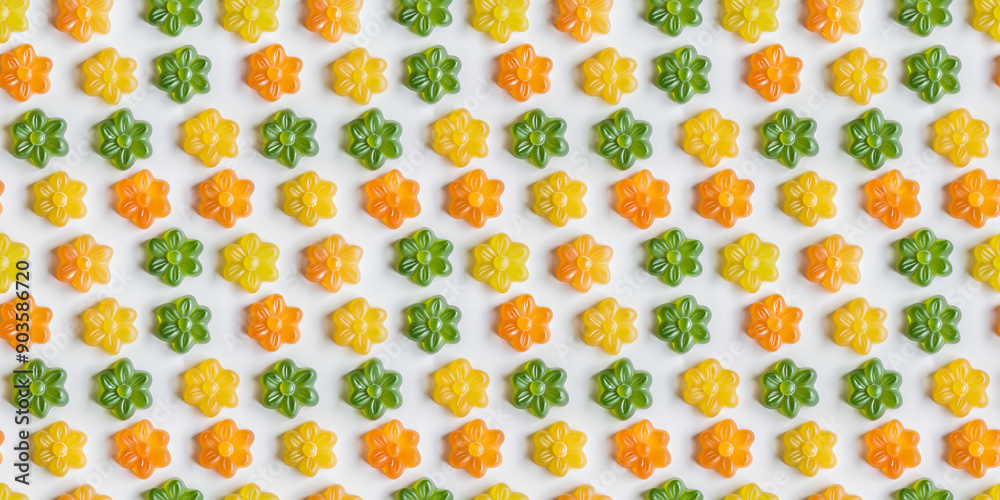 Analogous green, yellow, orange flower-shaped gummy candies background, flat lay photography, top view, simple white background, high resolution, no blur effect, no shadows, natural lighting Analogous green, yellow, orange flower-shaped gummy candies background, flat lay photography, top view, simple white background, high resolution, no blur effect, no shadows, natural lighting