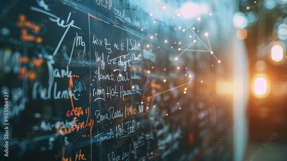 Handwritten Notes on a Chalkboard with Abstract Lights and Blurred Background Handwritten Notes on a Chalkboard with Abstract Lights and Blurred Background