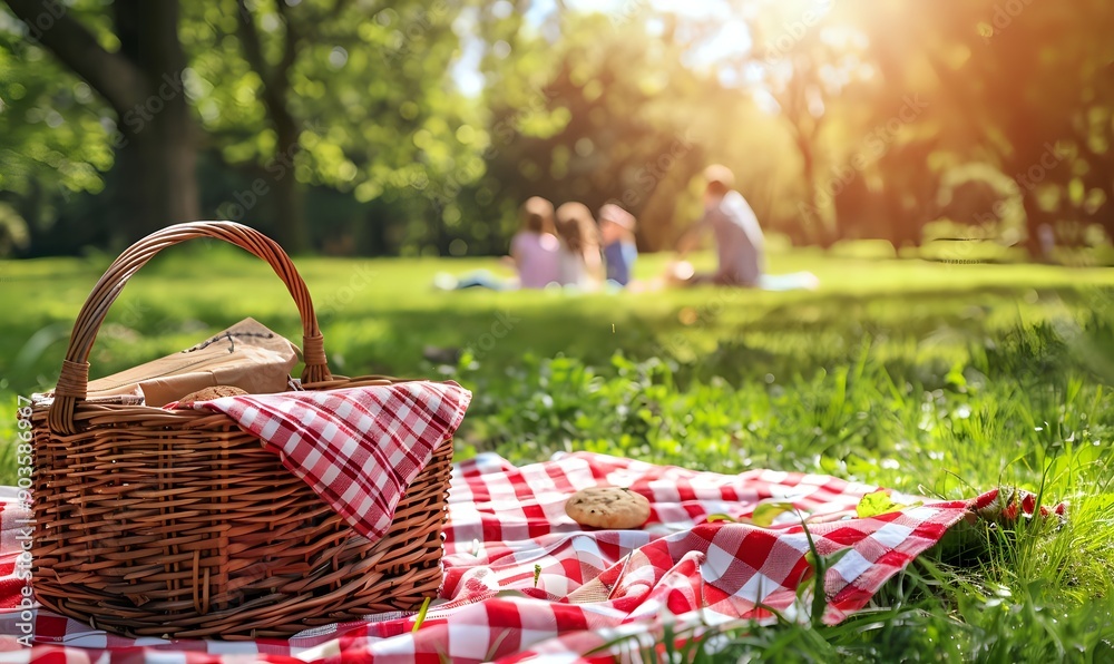 Wicker Picnic Basket Filled with Food Rests on a Red Checkered Blanket in a Sunny Park with Family in the Background Wicker Picnic Basket Filled with Food Rests on a Red Checkered Blanket in a Sunny Park with Family in the Background