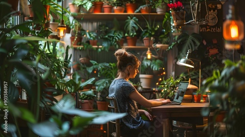 Woman working on her laptop in a cozy, plant-filled shop. The warm lighting and abundance of greenery create a comfortable and productive atmosphere