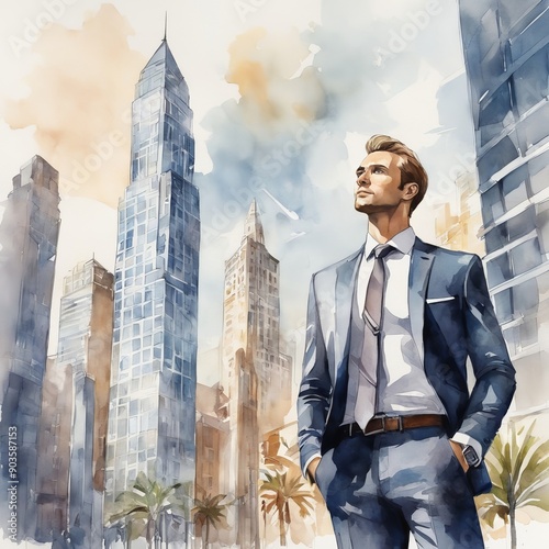 Confident businessman in a futuristic cityscape