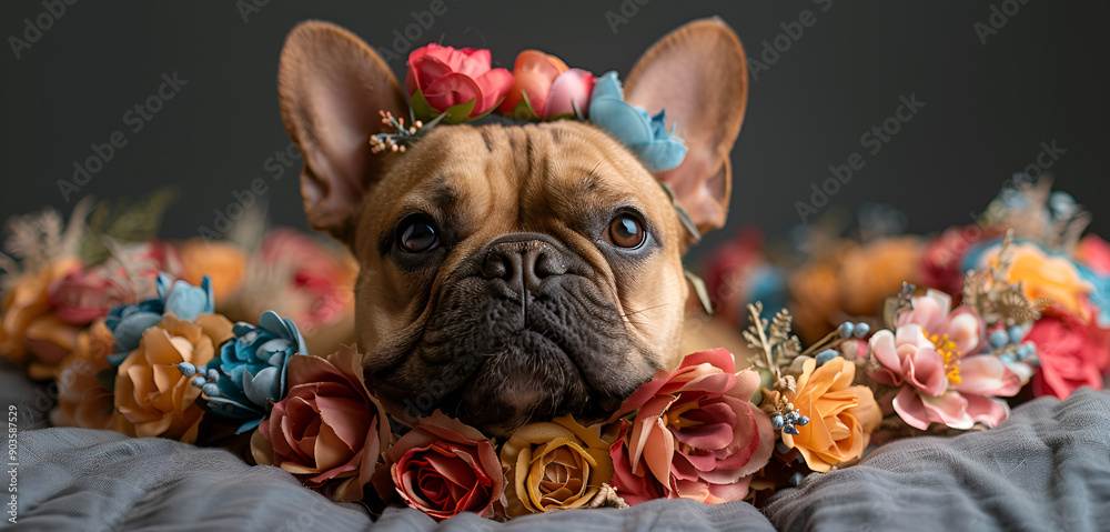 A cute dog with a flower crown resting on a bed. A cute dog with a flower crown resting on a bed.