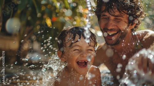 Father and son running and playing happily.